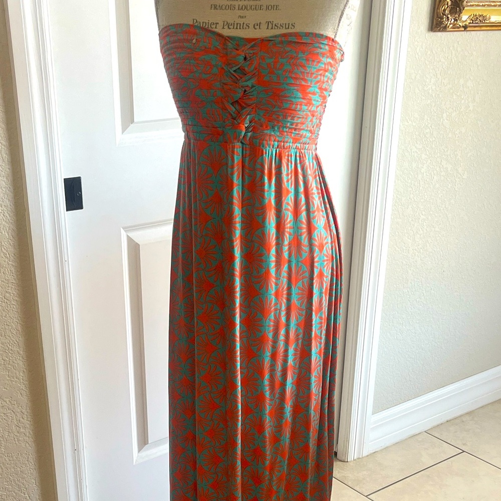 EUC Pineapples rouched bodice teal & orange strapless maxi dress Small